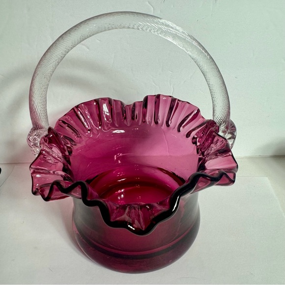 Beautiful vintage cranberry blown glass basket. Applied clear “rope style”handle - Picture 1 of 10